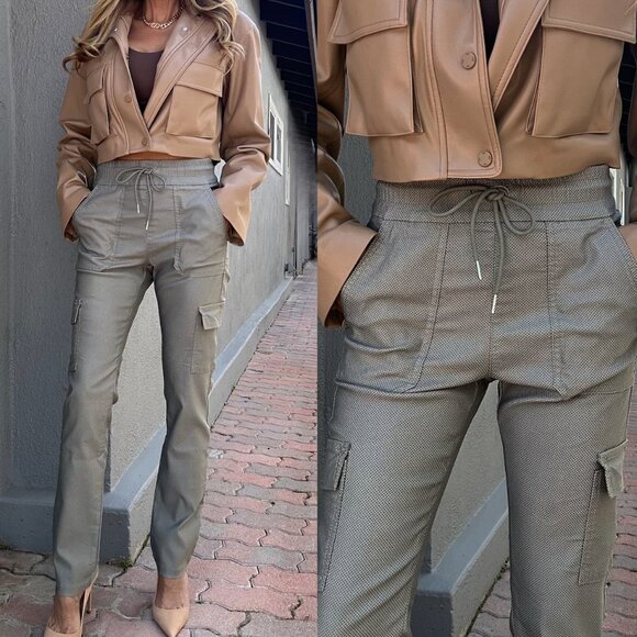 BEVY FLOG ALI PANTS CARGO POCKETS STRAIGHT LEG ELASTIC WAIST STRETCH TAN sz 28 - Picture 1 of 9